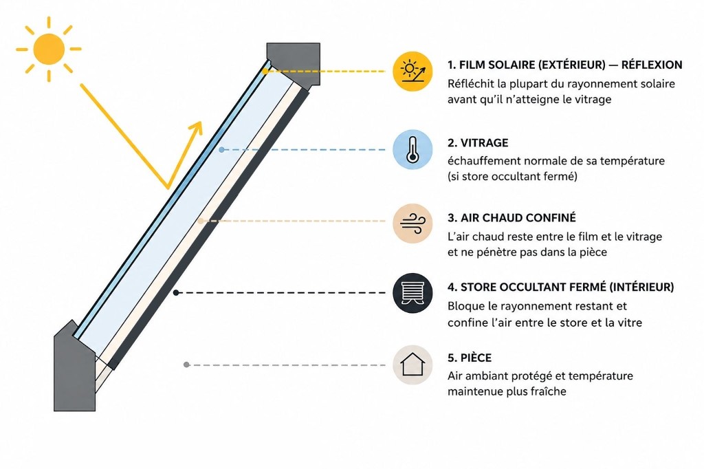 Schéma avec film solaire et store occultant : réflexion du rayonnement, air chaud confiné, pièce protégée