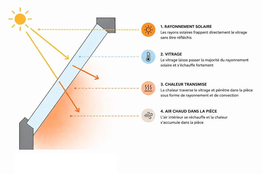 Schéma sans film : le rayonnement solaire frappe le vitrage, le chauffe et la chaleur pénètre dans la pièce