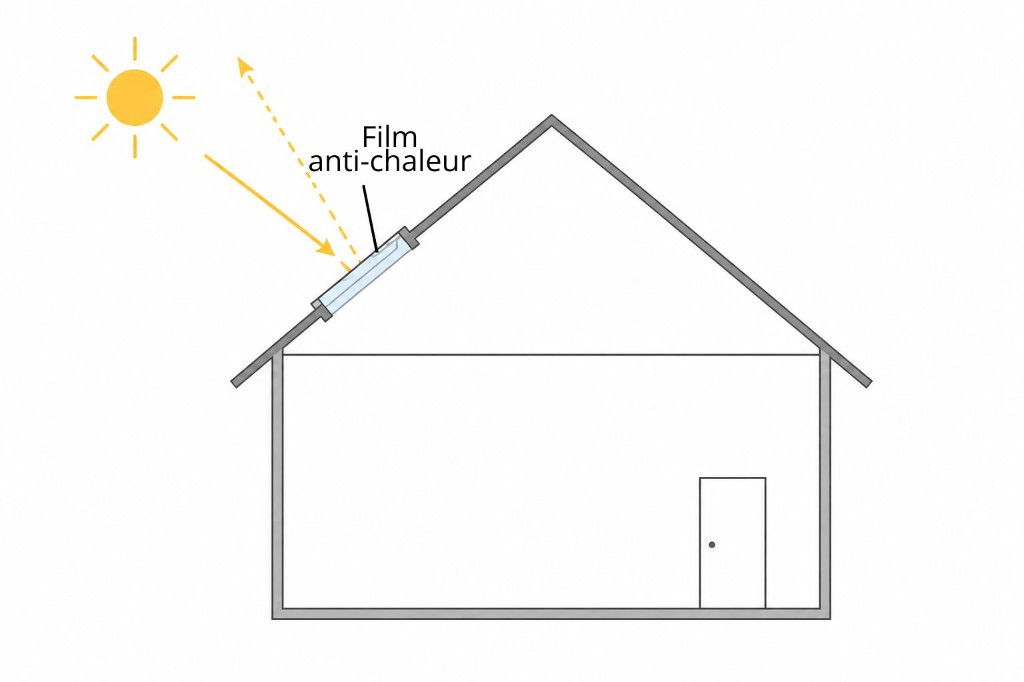 Schéma d'une maison avec velux : le soleil envoie un rayonnement vers la fenêtre de toit et le film anti-chaleur le réfléchit vers l'extérieur